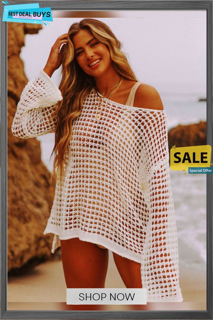 Hollow Out Beach Pullover Cover Ups Summer Beachy Long Sleeve Tops, Beachwear Long Sleeve Tops For Vacation, Beachy Long Sleeve Tops For Beach Season, Oversized Long Sleeve Top For Vacation, Long Sleeve Tops For Summer Beach Cover-up, Long Sleeve Tops For Beach Party Vacation, Long Sleeve Beachwear Tops For Vacation, Oversized Long Sleeve Tops For Beach, Oversized Long Sleeve Beach Top