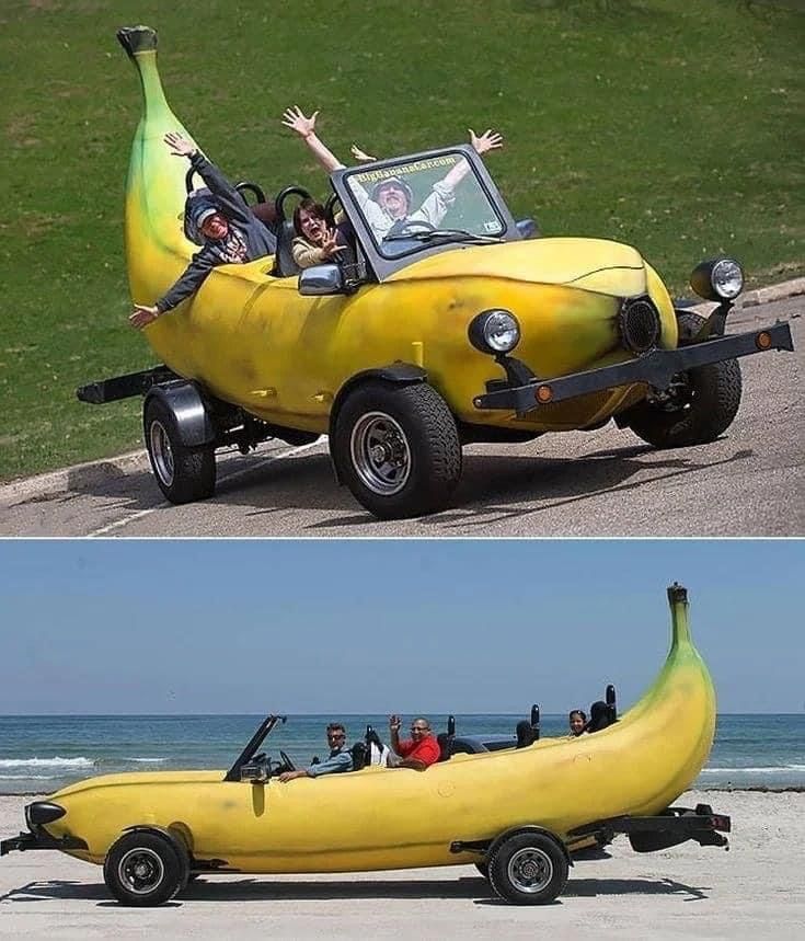 two pictures of people riding in a banana shaped car on the beach and one has a large banana as its back end