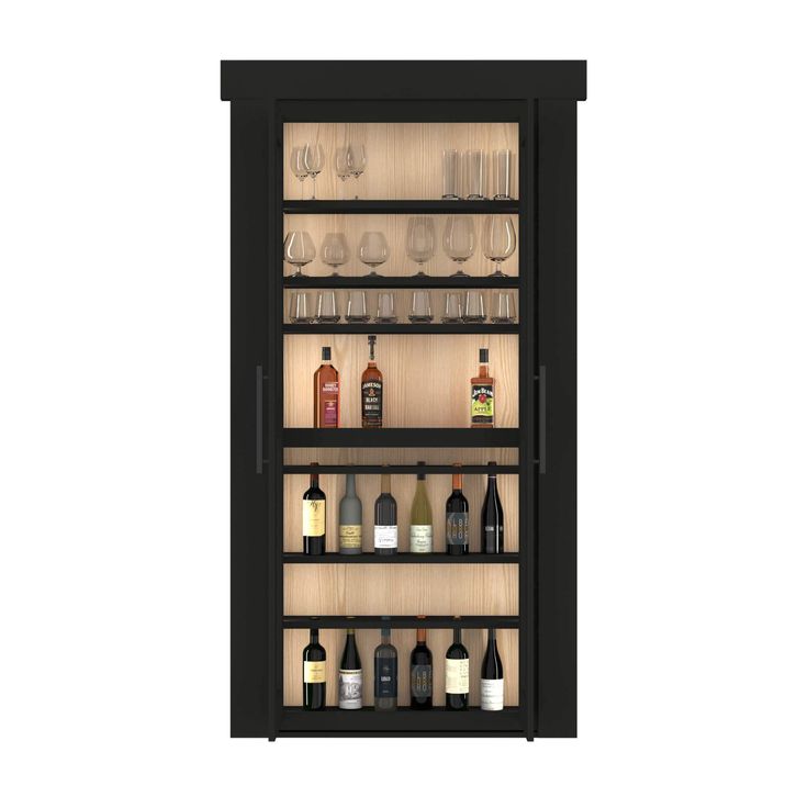 the wine cabinet is filled with bottles and glasses