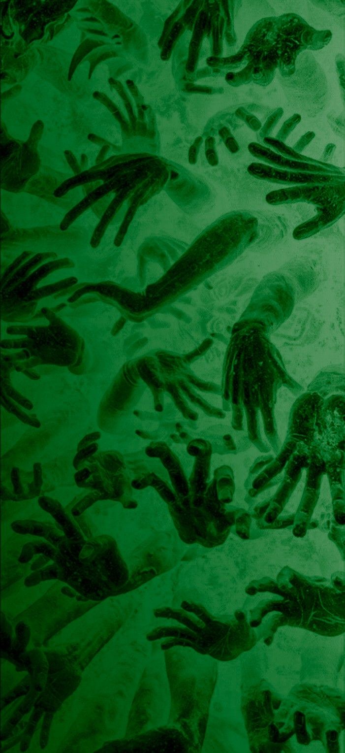 many hand prints are shown in green and black