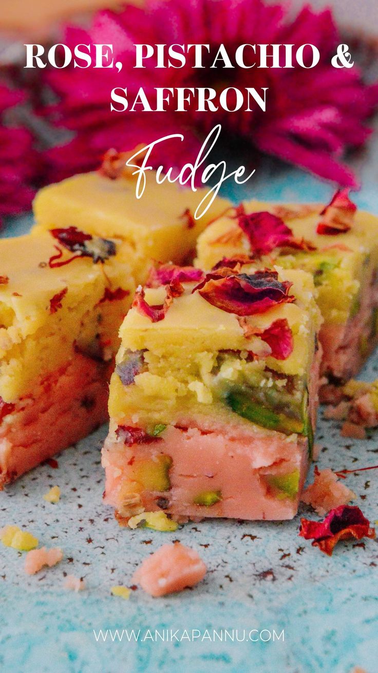 rose, pistachio and saffron fudge on a plate with flowers