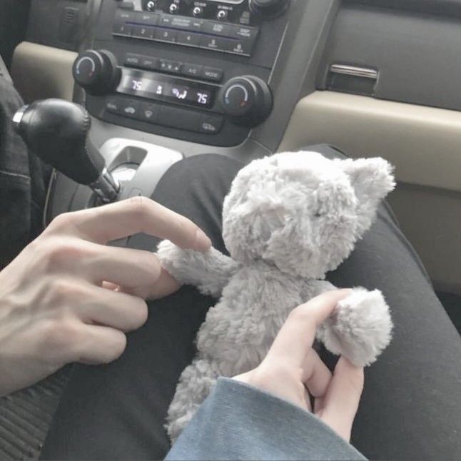 a person holding a teddy bear in their lap while sitting in the driver's seat