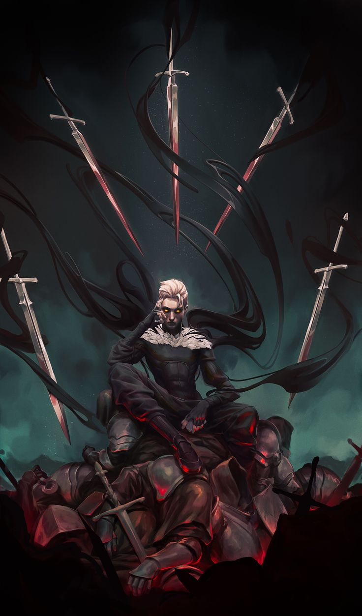 a man sitting on top of a pile of swords in front of a dark background