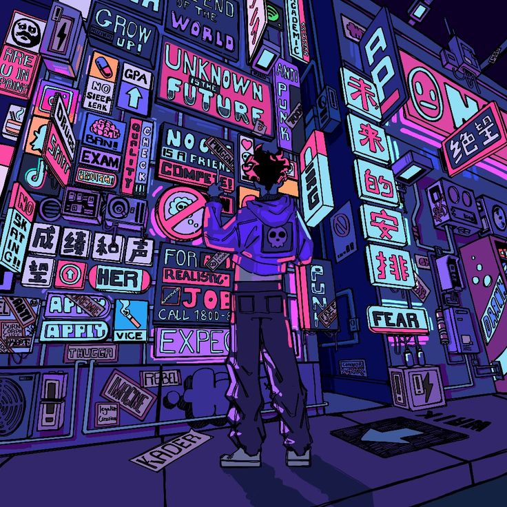 a man standing in front of a wall full of neon signs and stickers on it