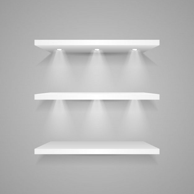 three empty white shelves with lights on each shelf in the wall, 3d rendering illustration