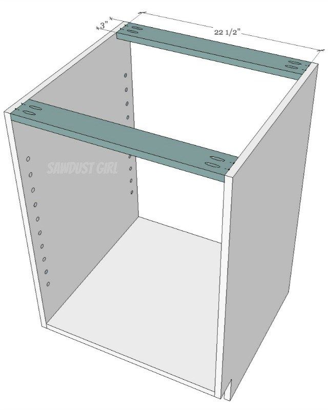 the side view of an unfinished cabinet with measurements for the door and shelf space on each side