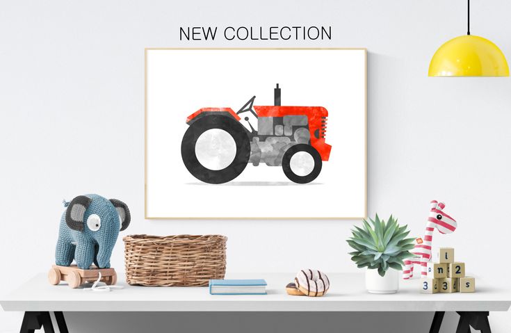 a white table with a red tractor on it