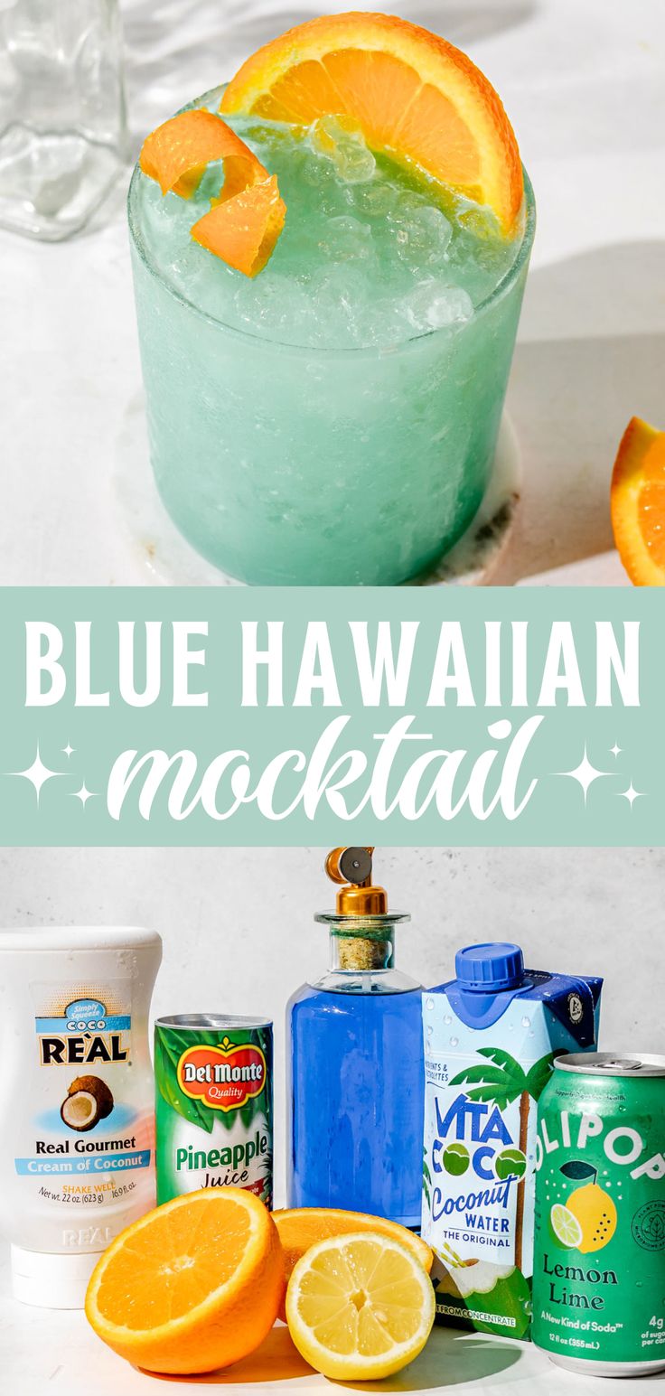 a blue hawaiian mocktail with the glass and ingredient photo Mocktail Luau, Unique Non Alcoholic Drinks, Blue Hawaii Mocktail Drink, Blue And Yellow Mocktails, Drinks For Showers, Under The Sea Mocktails, Non Alcoholic Beach Drinks, Drinks To Have At A Party, Bahama Mama Drink Mocktail