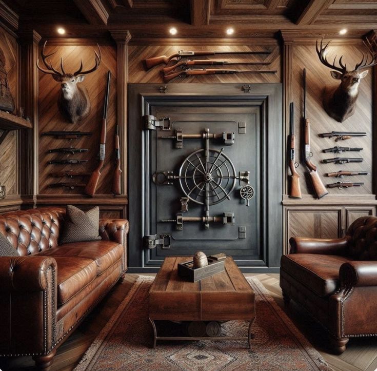 a living room filled with furniture and deer heads on the wall