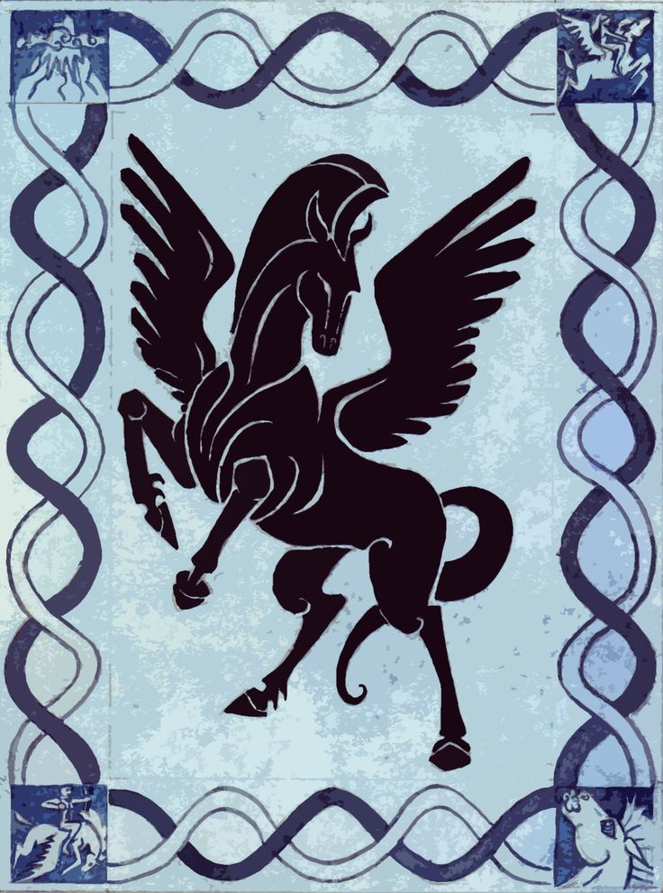 a black and blue horse with wings on it's back legs is shown in an ornate frame