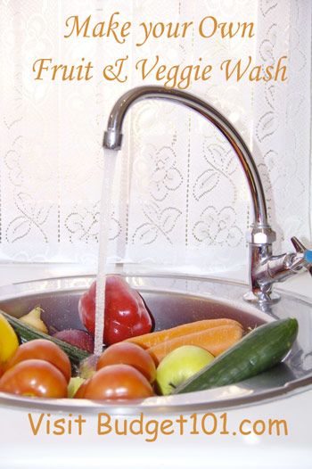 fresh fruits and vegetables are being washed in a sink with the words make your own fruit & veggie wash