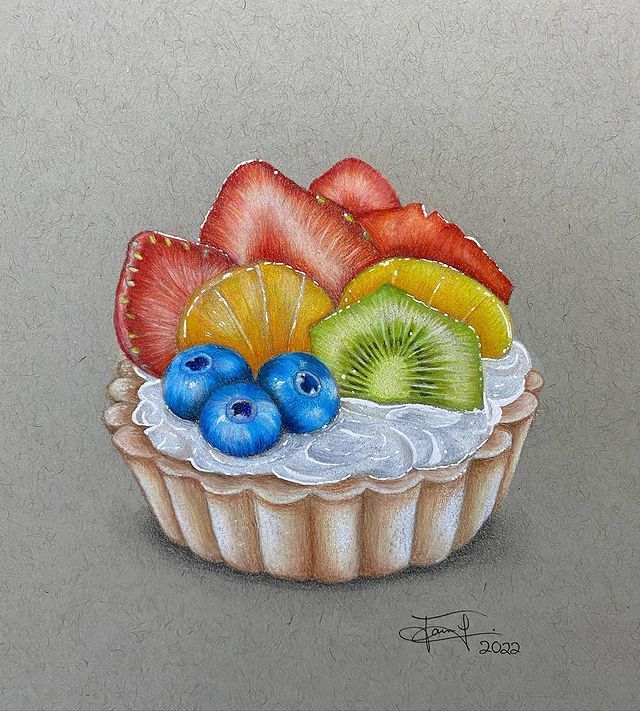 a drawing of some fruit in a cupcake with whipped cream and blueberries on top