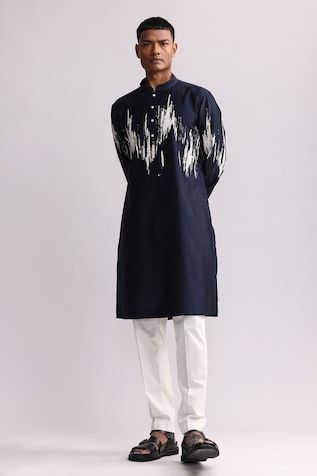 Navy chanderi kurta with thread embroidery. Comes with pant. - Aza Fashions Designer Cotton Kurta In Indigo, Designer Indigo Cotton Kurta, Festive Embroidered Indigo Kurta, Luxury Embroidered Multicolor Men's Kurta, Men’s Kurta Embroidery, Ceremonial Semi-stitched Cutdana Kurta, Blue Resham Embroidery Semi-stitched Kurta, Men Kurta, Thread Embroidery