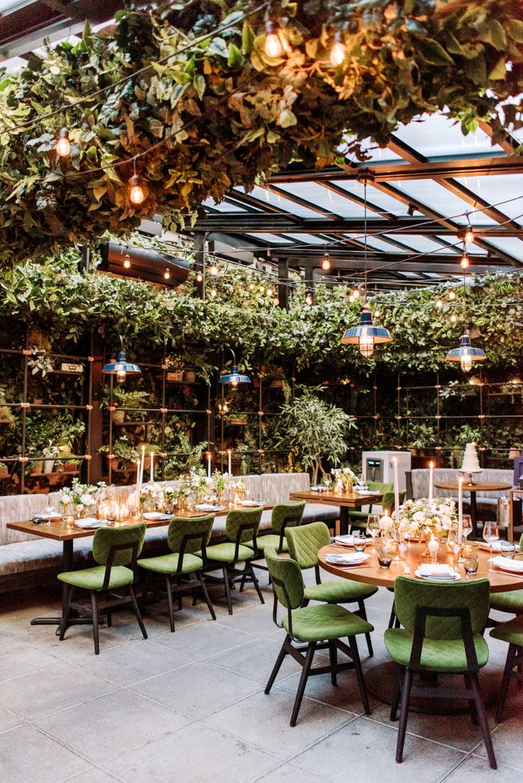 an indoor dining area with green chairs and plants hanging from the ceiling, along with wooden tables