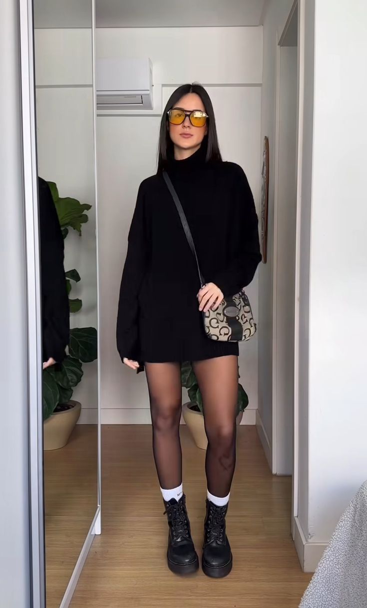 Black Boots Mini Skirt Outfit, Cute Punk Outfits Rocker Chic, Mid 50 Degree Weather Outfit, Tights And Docs Outfit, Doc Martin Winter Outfits, Black Skirt Doc Martens Outfit, Black Dress And Doc Martens, Botas Dr Martens Mujer Outfit, Cute Outfits For Valentine's Day