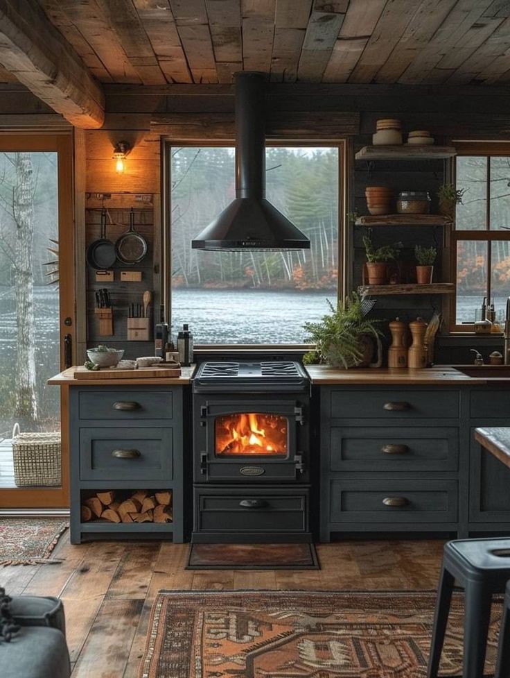 a stove top oven sitting inside of a kitchen next to a living room filled with furniture