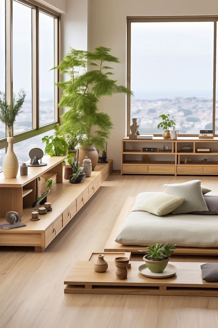 A Zen-inspired living room featuring a natural oak low table surrounded by floor cushions. Bamboo mats lie atop warm oak flooring. A minimalist oak shelving unit houses a collection of bonsai trees, and a shoji screen allows diffused light to seep into the room. Oak Living Room Ideas, Japanese Room Ideas, Japan Living Room, Living Room Zen, Zen Minimalism, Oak Living Room, Zen Interiors, Zen House, Japandi Living