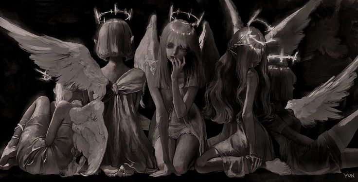 four angels with crowns on their heads sitting in front of each other, all facing the same direction