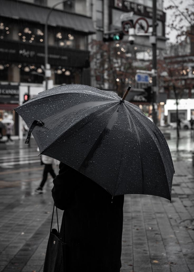 a person holding an umbrella on a city street in the rain while it is raining