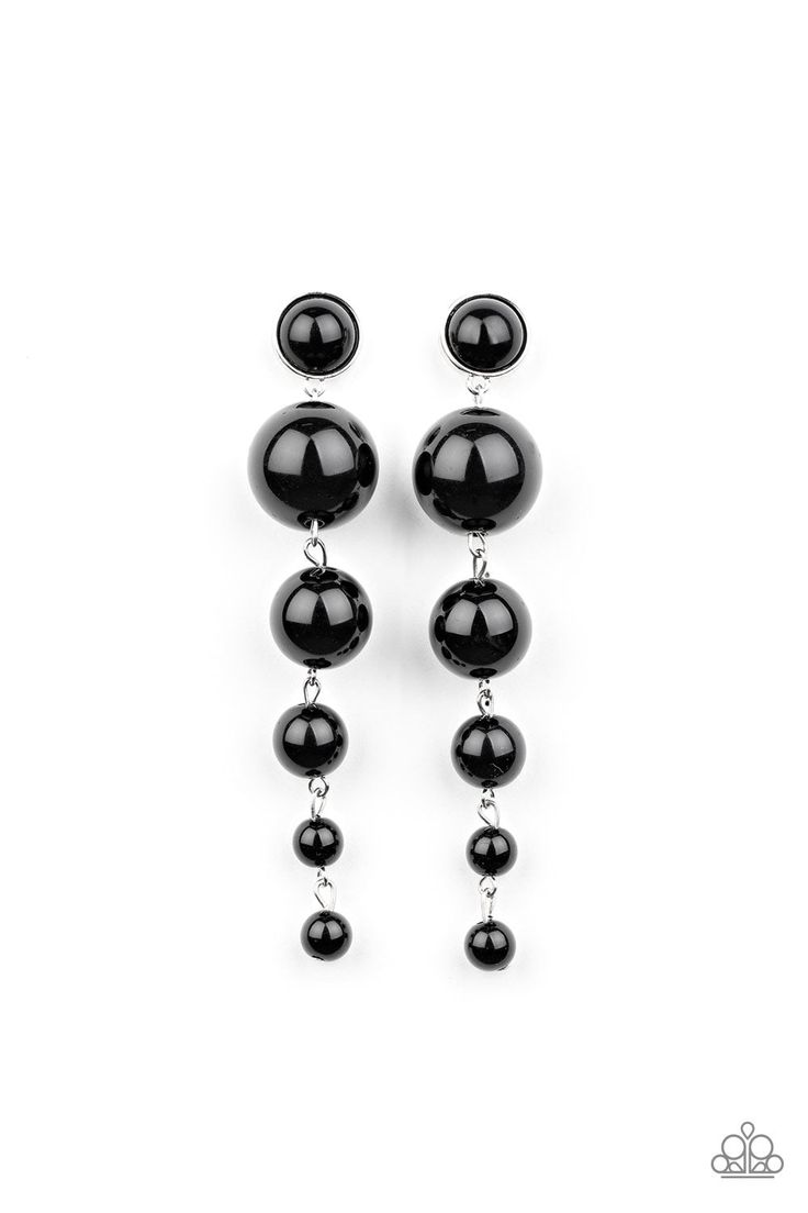 Attached to a matching black beaded silver fitting, a bubbly collection of polished black beads graduate in size as they trickle from the ear, linking into a dramatically elegant lure. Earring attaches to a standard post fitting. Sold as one pair of post earrings. Paparazzi Accessories Jewelry, Wealthy Lifestyle, Paparazzi Accessories, White Rhinestone, Black Earrings, Paparazzi Jewelry, Online Earrings, Boutique Jewelry, Elegant Earrings