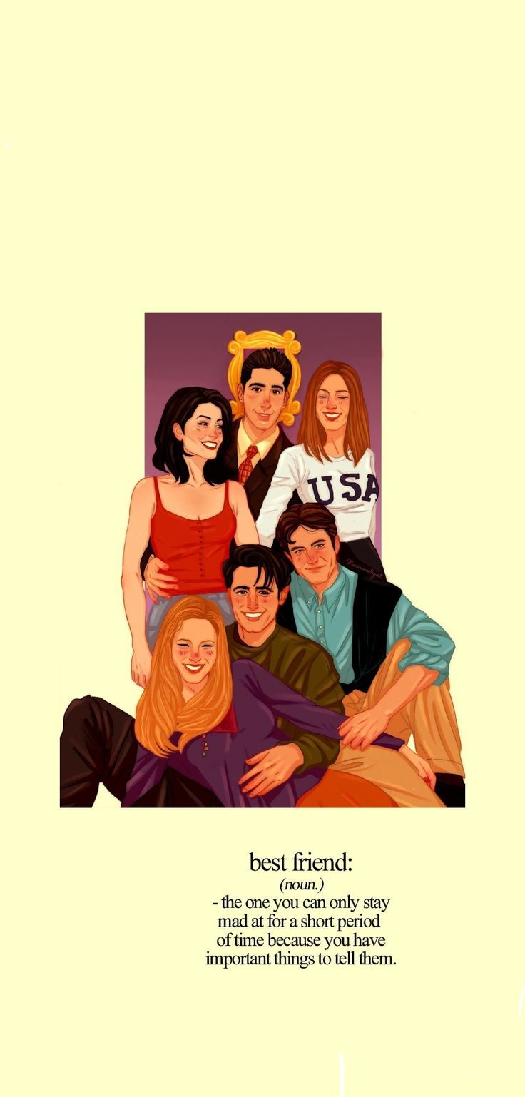 the cast of friends are posing for a photo in front of a yellow background with black lettering