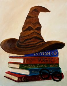 a painting of a wizard's hat on top of books