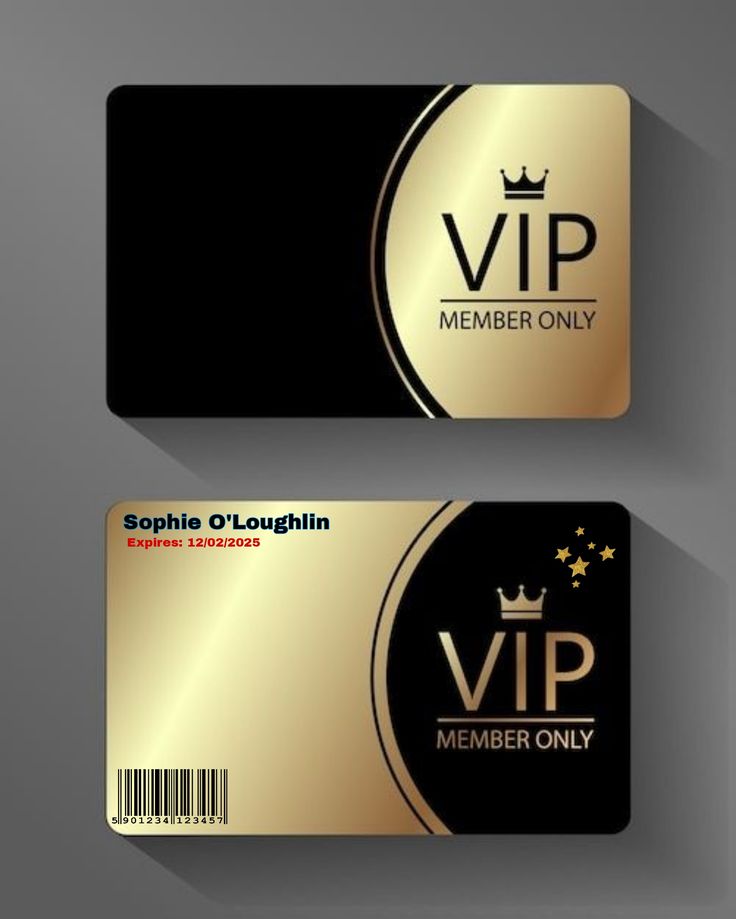 a gold and black business card with a crown on the front, and an image of a