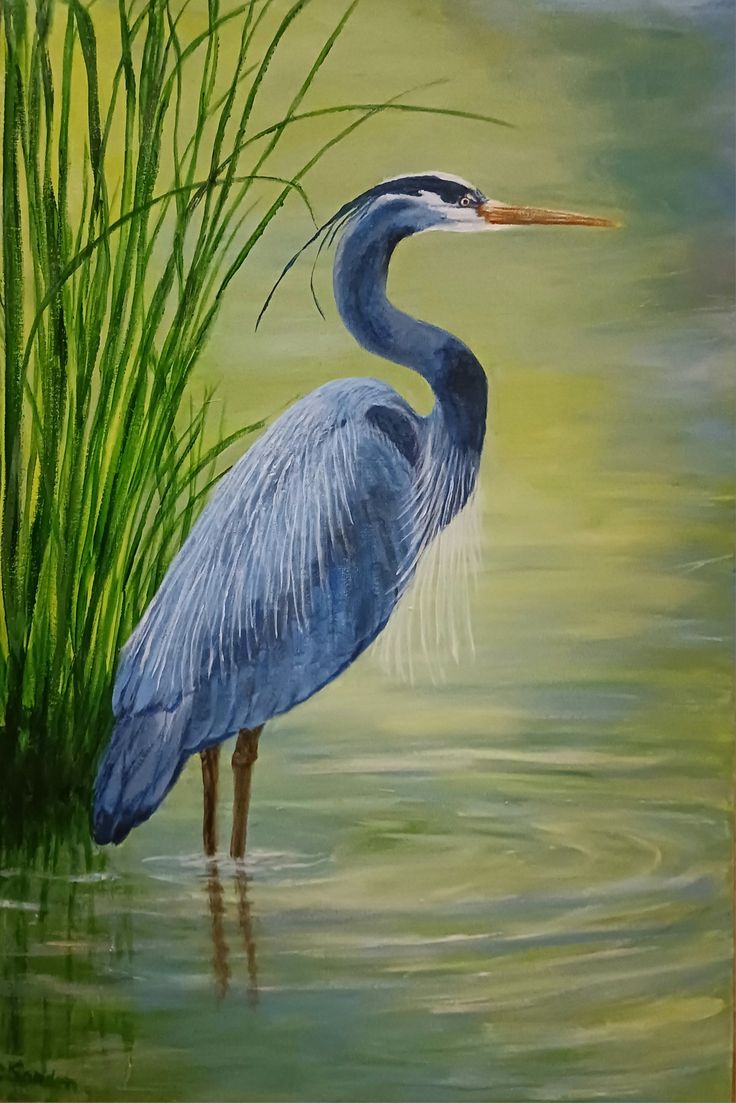 a painting of a blue heron standing in the water