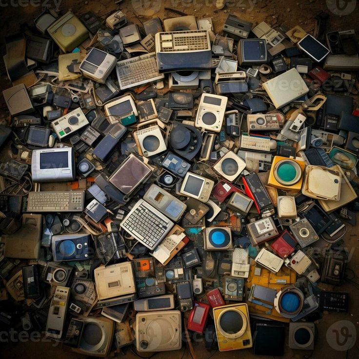 a pile of old electronic devices sitting on top of each other