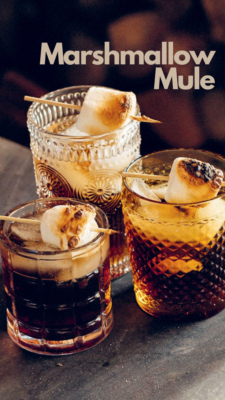 Marshmallow Mule Cocktails With Marshmallows, Marshmallow Drink Recipes, Alcoholic Drinks Winter, Fall Drink Specials, Warm Winter Drinks Alcoholic, Fall Drink Garnish, Winter Inspired Cocktails, Best Holiday Cocktail Recipes, Marshmallow Bourbon Cocktail