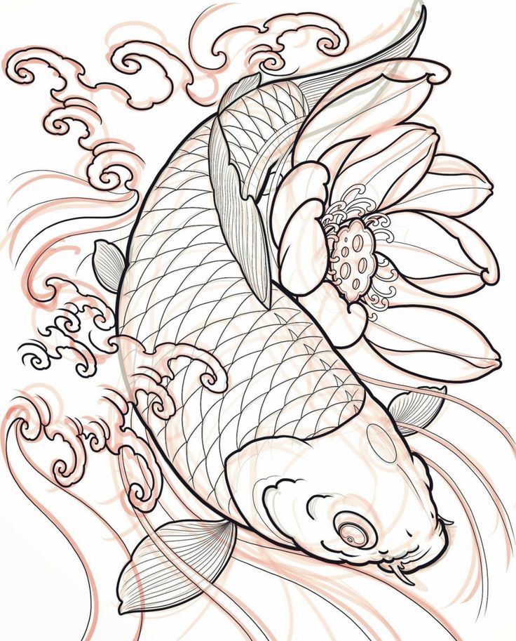 a drawing of a koi fish with flowers on it's back and water splashing around