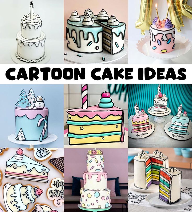 a collage of different cakes and desserts with the words cartoon cake ideas on them