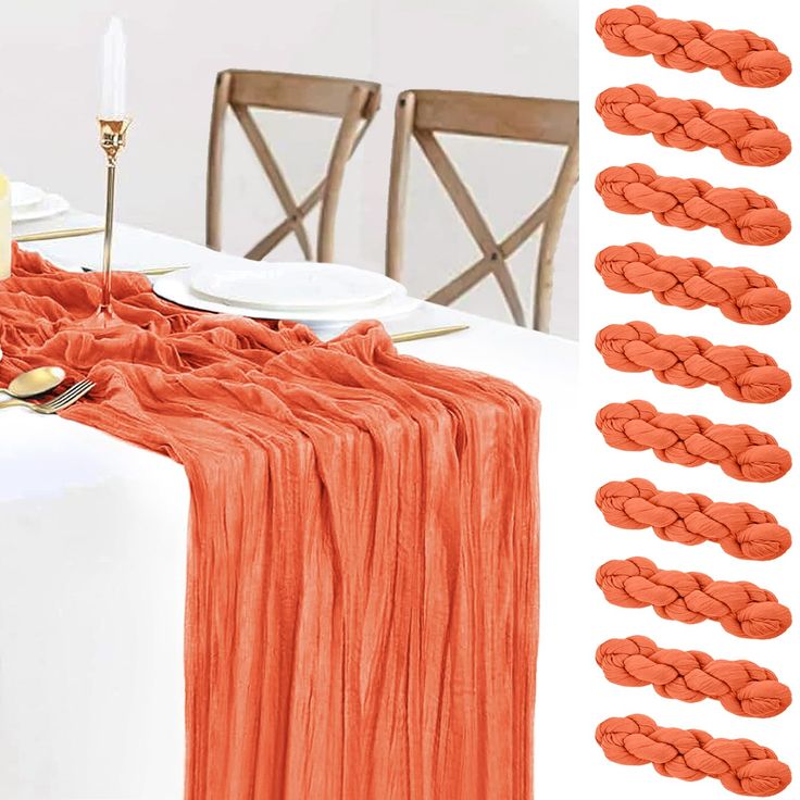 the table is set with orange napkins and place settings