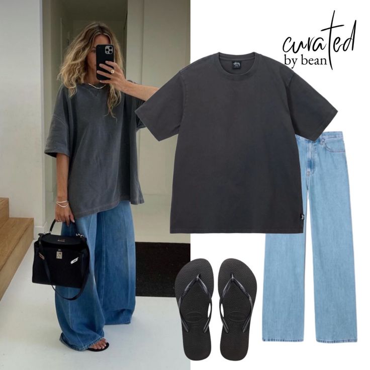 Womens trendy outfits oversized tshirt baggy jeans hermes kelly stylish outfit aesthetic relaxed Xl Tee Shirt Outfit, Long Tshirt Outfit Jeans, Baggy Tee And Jeans, Oversized Grey T Shirt Outfit, Jeans And Black Tshirt Outfit Women, Outfit With Tshirt Casual, Oversize Top Outfit, Oversized Tshirt Office Outfit, Oversize Black Tshirt Outfit