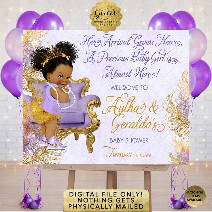 a baby shower sign with balloons and streamers in the shape of a princess sitting on a chair