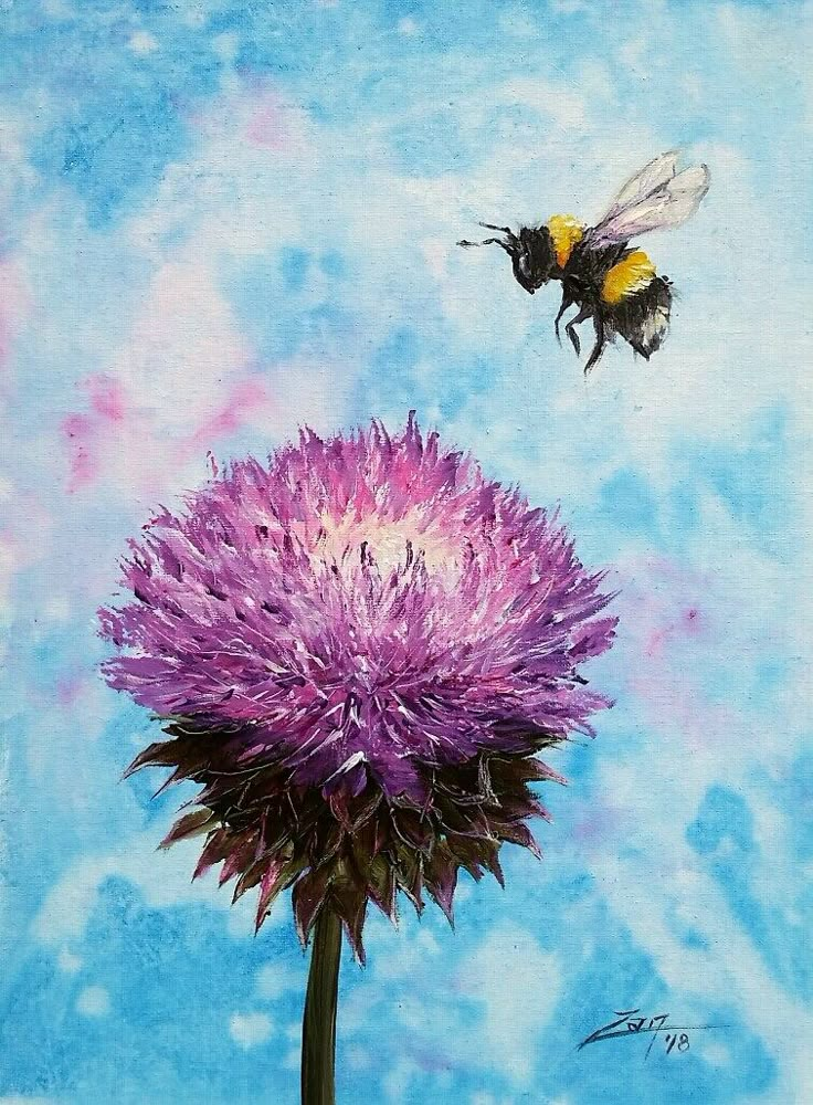 a painting of a bee flying over a purple flower