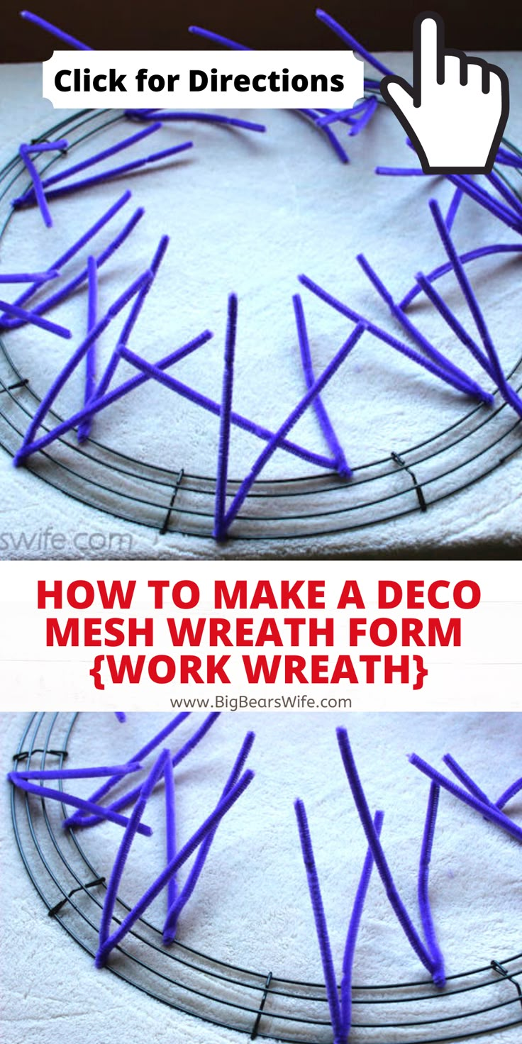 two pictures with the words how to make a deco mesh wreath from'work wreath '