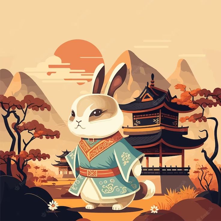 a rabbit dressed in traditional chinese clothing standing on a hill with mountains and pagodas behind it