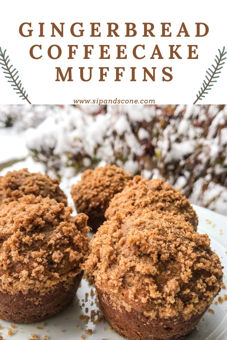 gingerbread coffee cake muffins on a white plate with the title above it