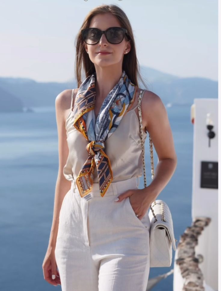 Summer Outfits With Scarves, Summer Neck Scarf Outfit, Long Silk Scarf Outfit, Hermes Twilly Scarf Outfit, Outfits With Silk Scarves, Neck Scarf Outfit Summer, Yatch Party Outfit Summer Classy, Fall Skirt Outfits With Boots, Winter Outfits With Skirts