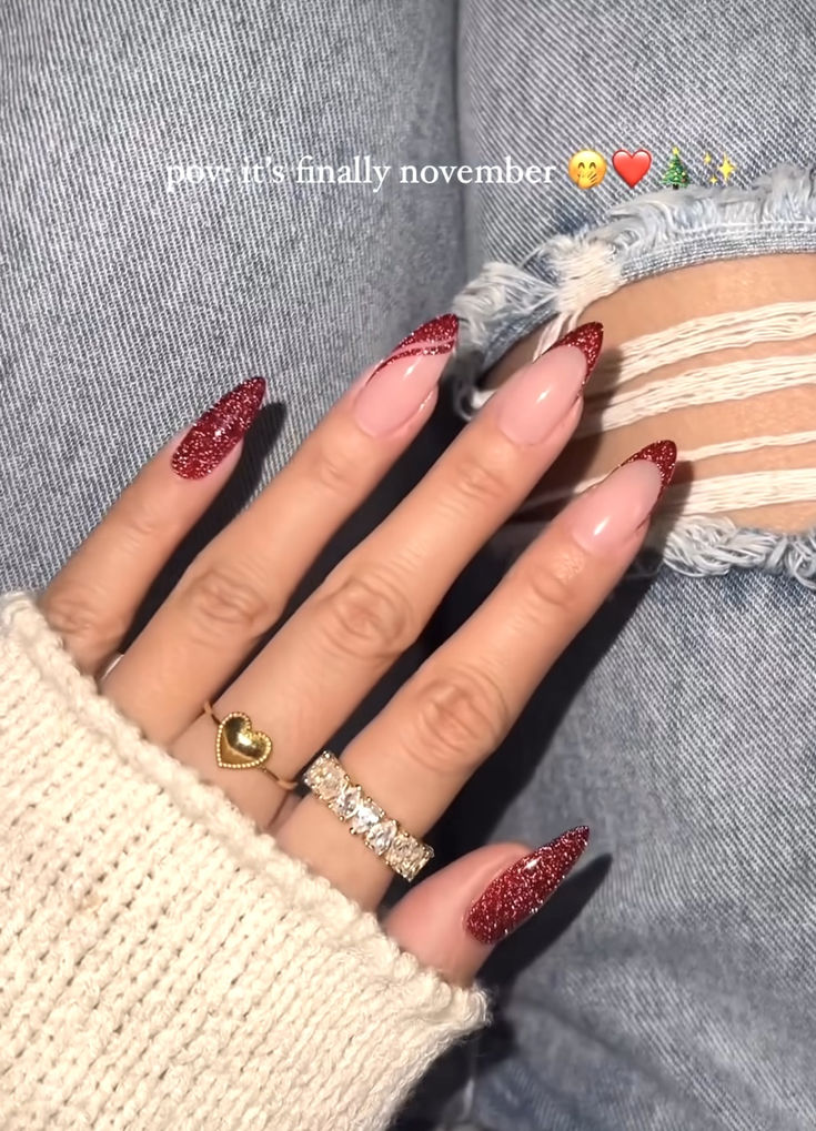 Red glitter christmas nails inspo Red Glitter Design Nails, New Years Nails Red Glitter, Red Acrylic Nails Almond Glitter, Red Chrome Snowflake Nails, Red With Sparkle Nails, Xmas Nye Nails, Nails Prom Red Dress, Acrylic Almond Christmas Nails, Red Nail Designs Glitter