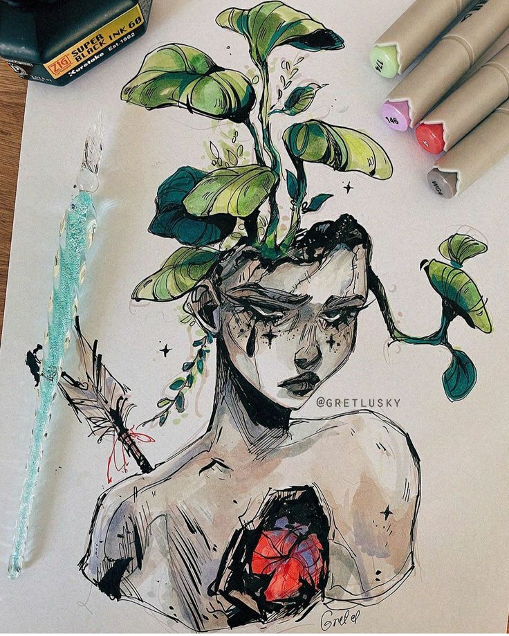 a drawing of a woman with leaves on her head