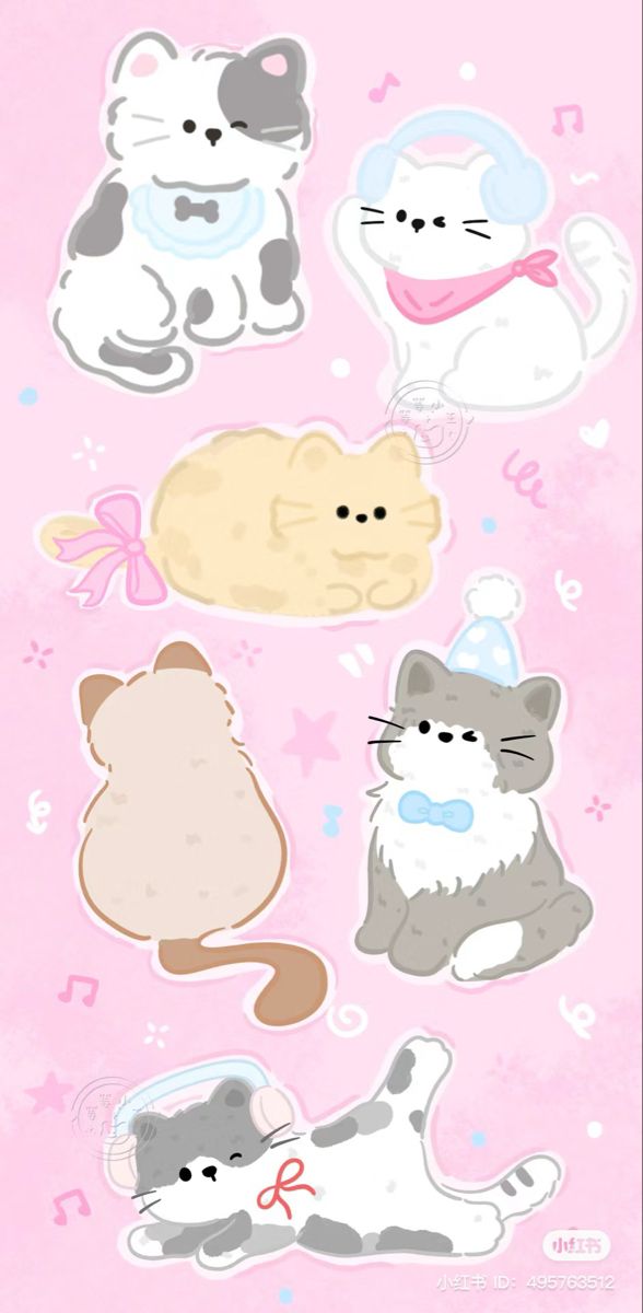 some stickers that are on the side of a pink background with cats and kittens