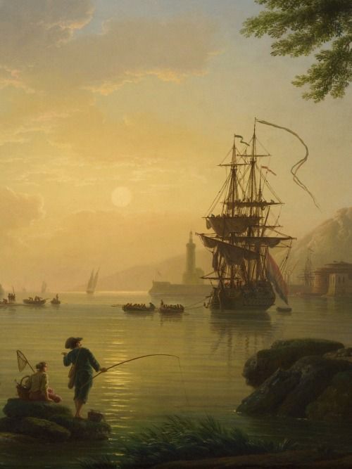 a painting of people fishing in the water with boats and ships behind them at sunset