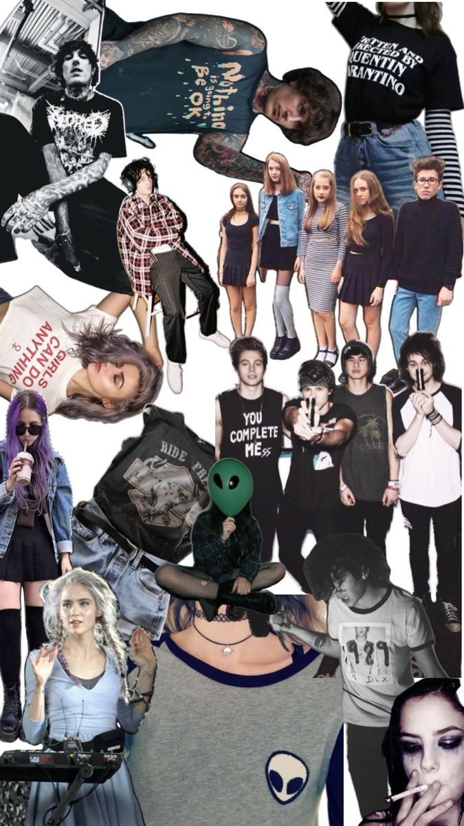 a collage of people with different outfits and haircuts, including an alien