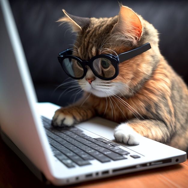 a cat wearing glasses sitting on top of a laptop computer