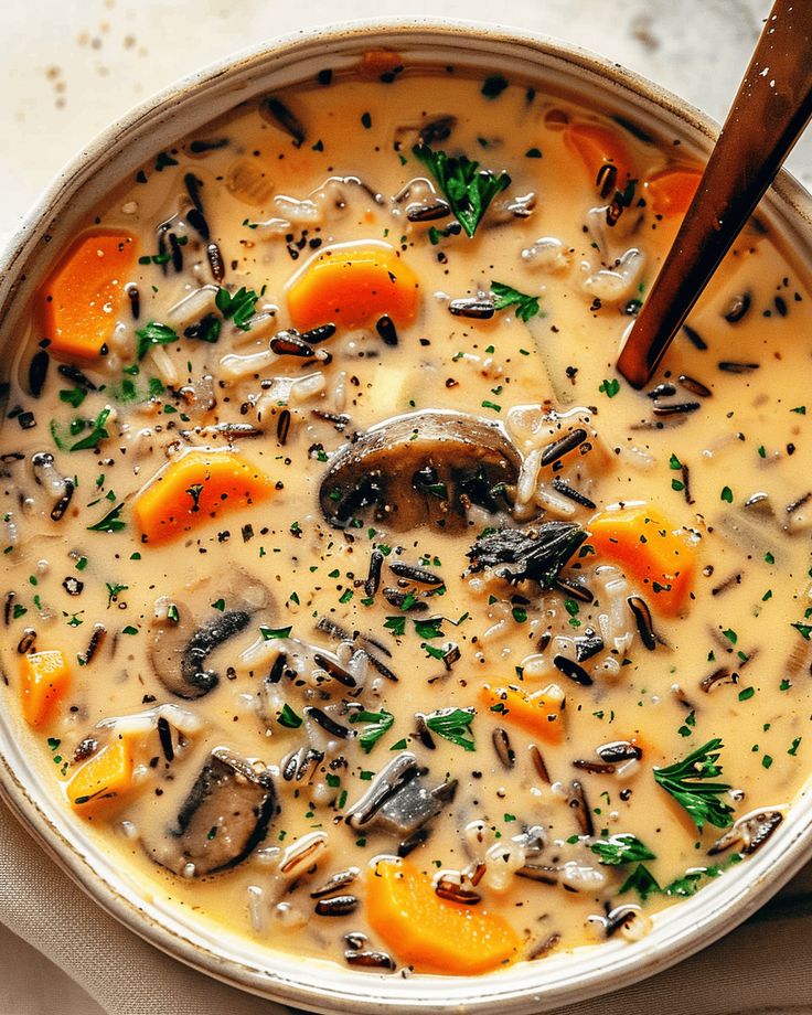 a bowl of mushroom soup with carrots and parsley