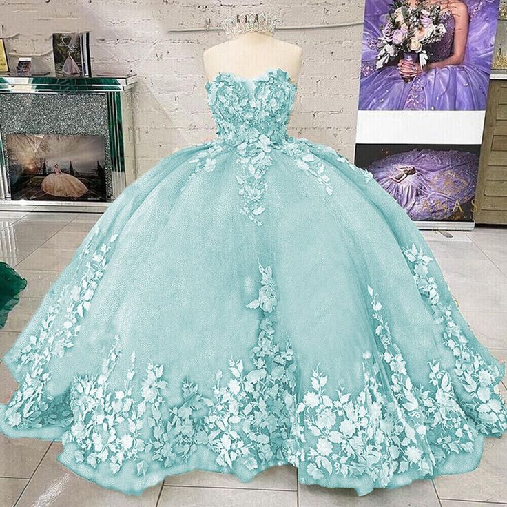 Quinceanera Dresses Aqua, Turquoise Quinceanera Dresses, Prom Ball Gown, Pipe Dream, Sweet 15, Aqua Dress, Quince Dresses, 3d Flowers, Wedding Bridesmaid