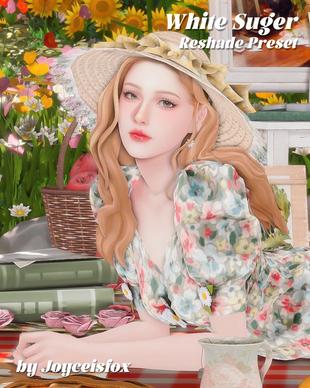 a digital painting of a woman sitting at a table in front of flowers and books