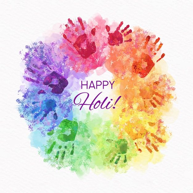 happy holi with hand prints in the center